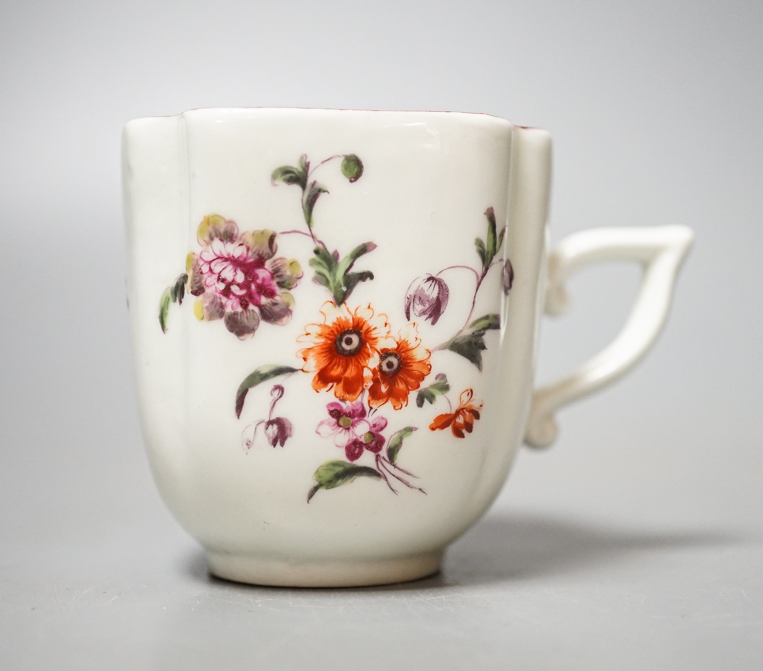 A Derby coffee cup, c.1758, wishbone shaped handle, height 5.7cm